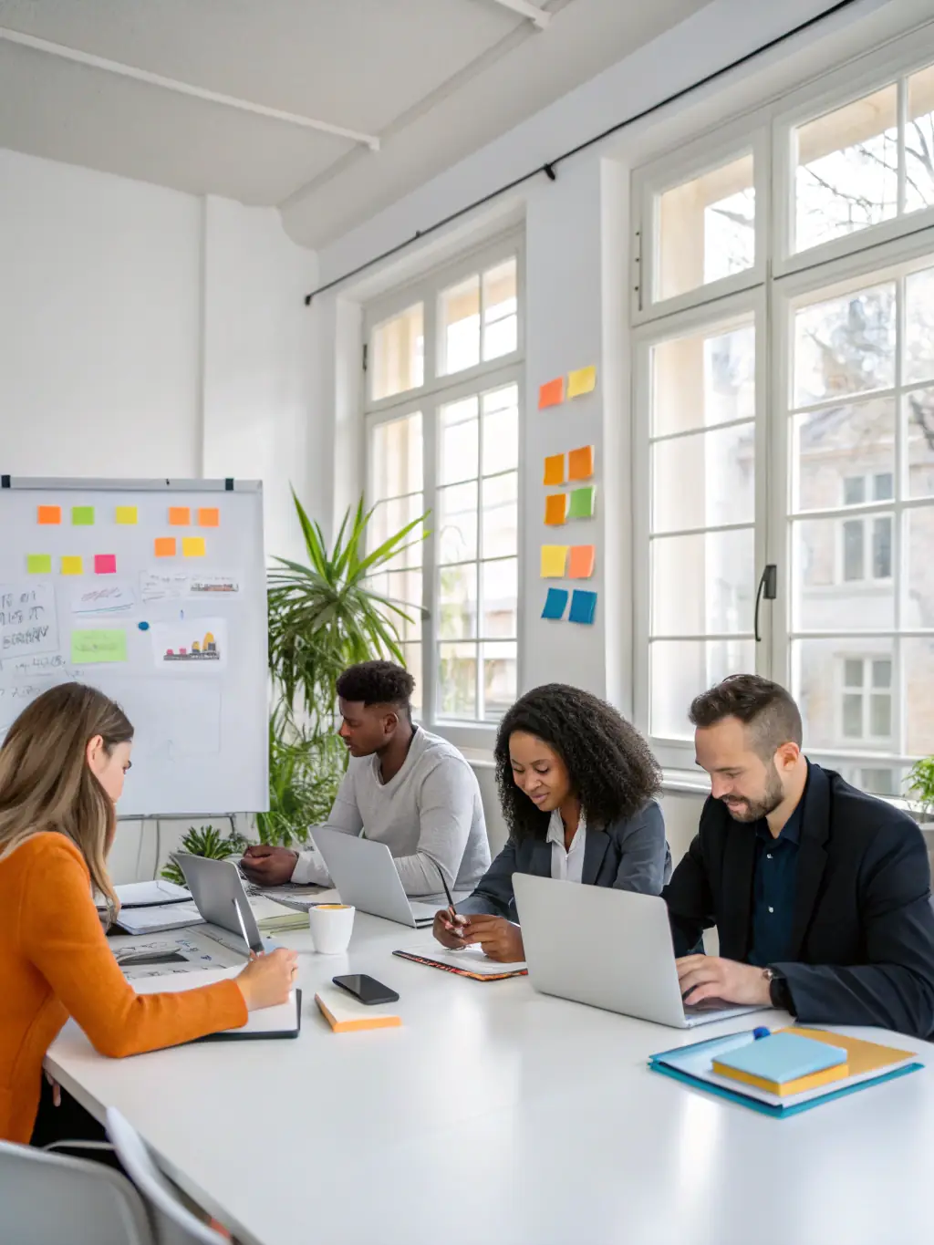 A diverse team of ARH consultants brainstorming around a table in a modern Brooklyn office, focusing on strategic growth plans for a startup. The atmosphere is collaborative and innovative.