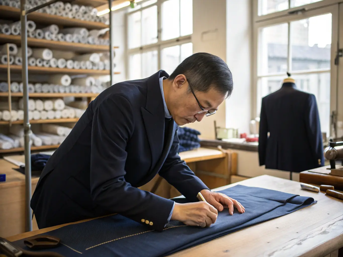A custom-tailored suit being fitted on a mannequin in a high-end tailor shop, representing the personalized and customized solutions offered by Manhattan Business Sales & Exit Planning.