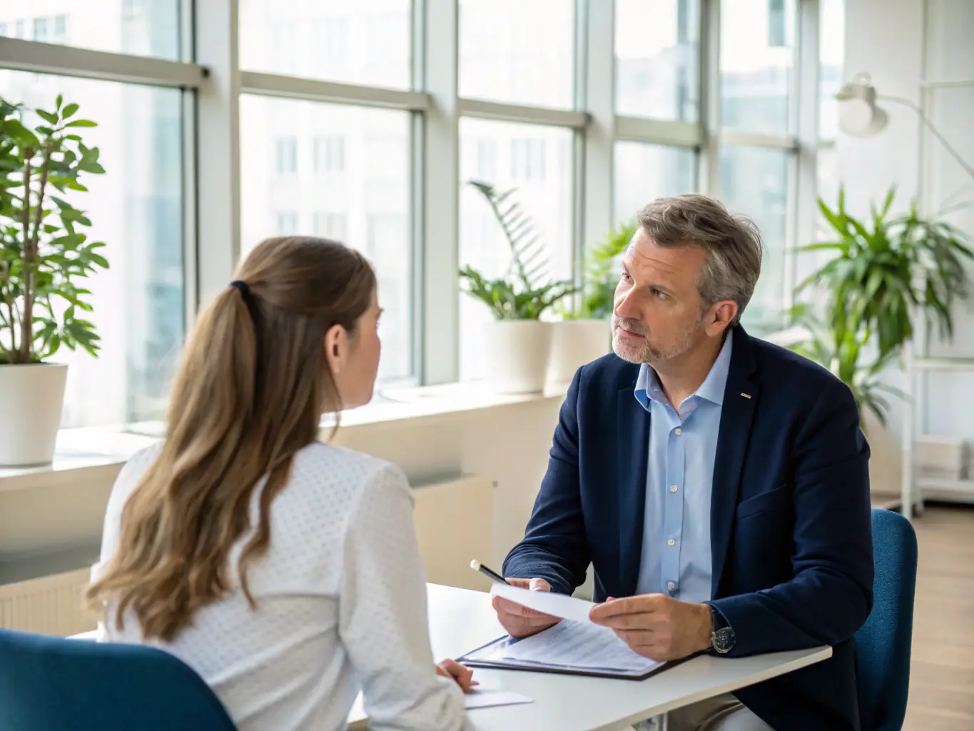 A professional financial advisor sitting at a desk, reviewing a detailed financial report with a client in a modern office setting, emphasizing trust and expertise.