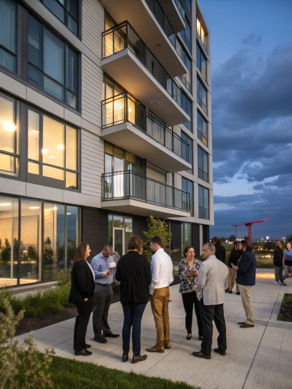A diverse group of people standing in front of a newly constructed multifamily apartment complex, symbolizing multifamily investment strategy.