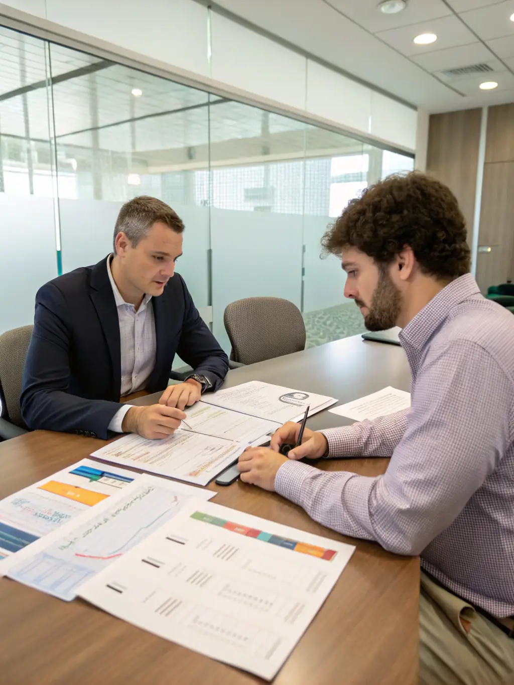 An ARH consultant presenting a risk assessment report to a startup founder in a co-working space, highlighting potential challenges and mitigation strategies.