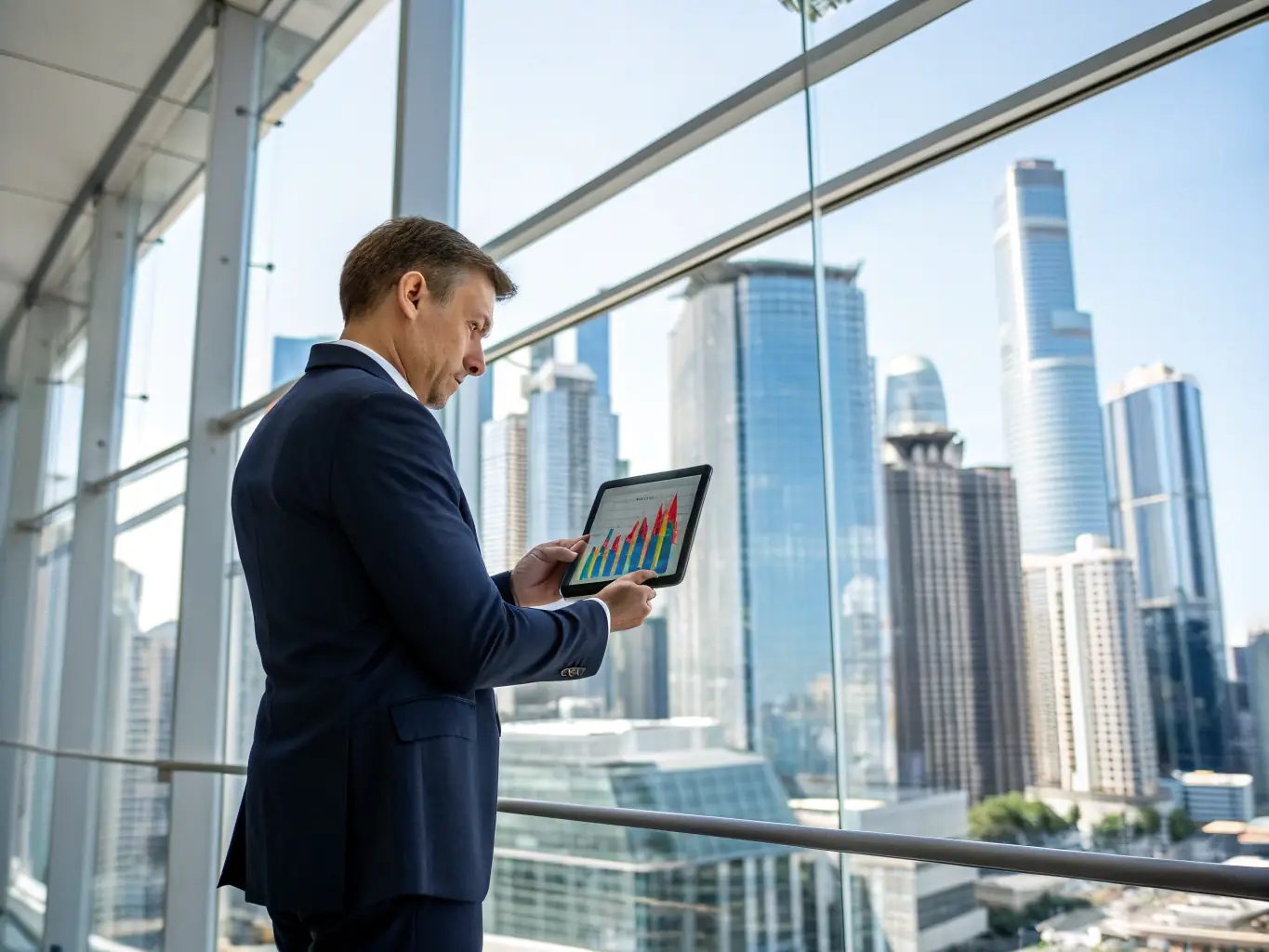 A confident investor reviewing market data on a tablet while overlooking a cityscape at sunset, symbolizing informed decision-making and strategic investment.