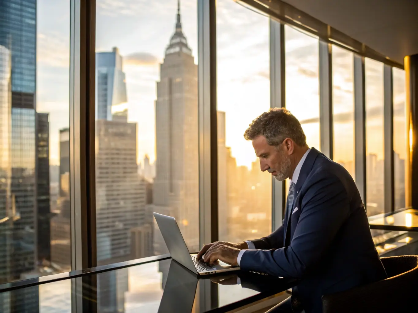 A professional real estate investor reviewing an AI-driven valuation report on a tablet in a modern Manhattan office, with city skyline visible through the window.