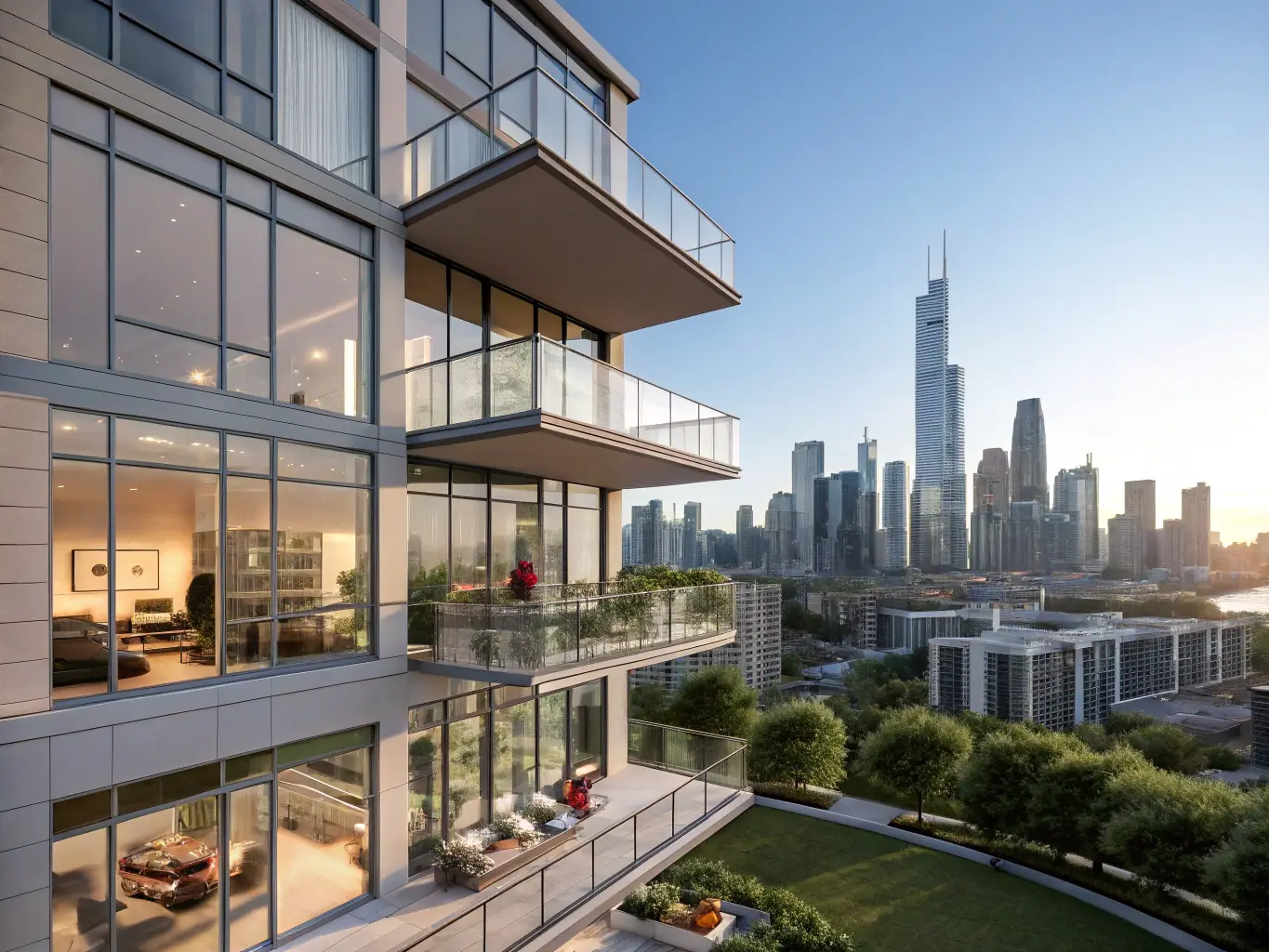 A modern luxury condo building in Manhattan, showcasing high-end real estate available for acquisition, with a focus on attracting international investors.