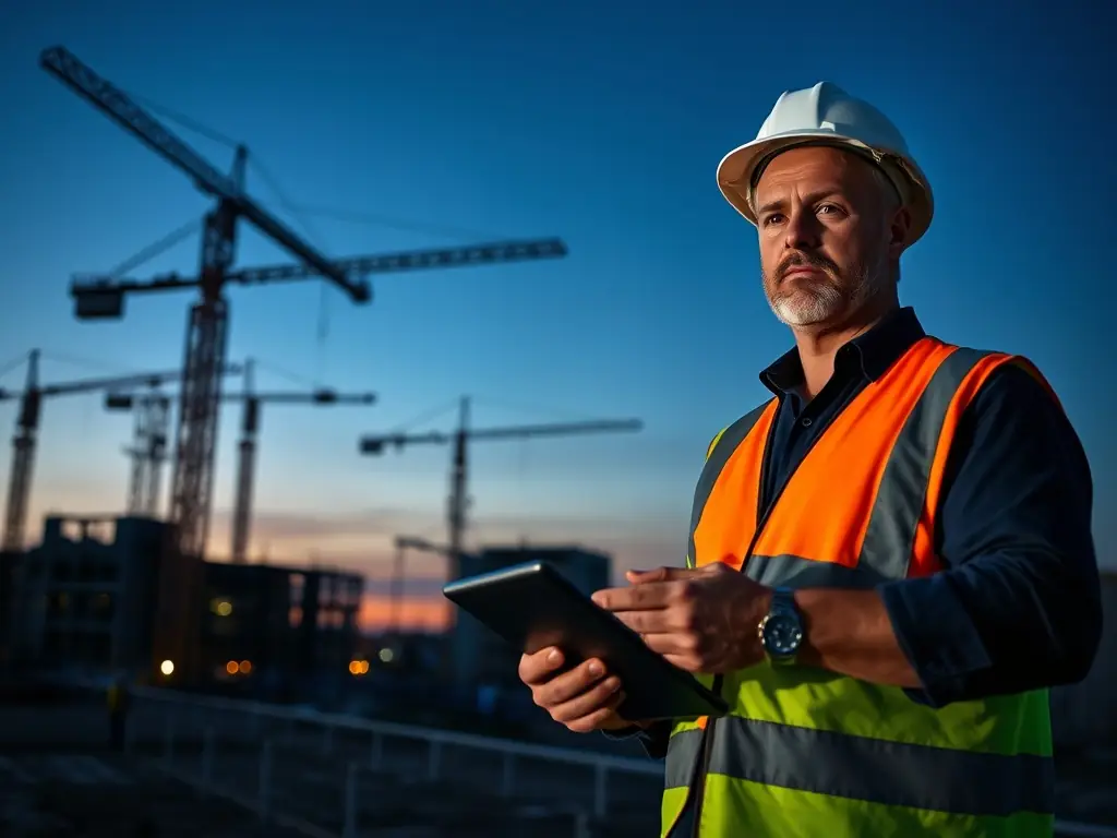 A dynamic image showing a project manager overseeing construction progress on a high-rise building in Manhattan, emphasizing efficiency and attention to detail.