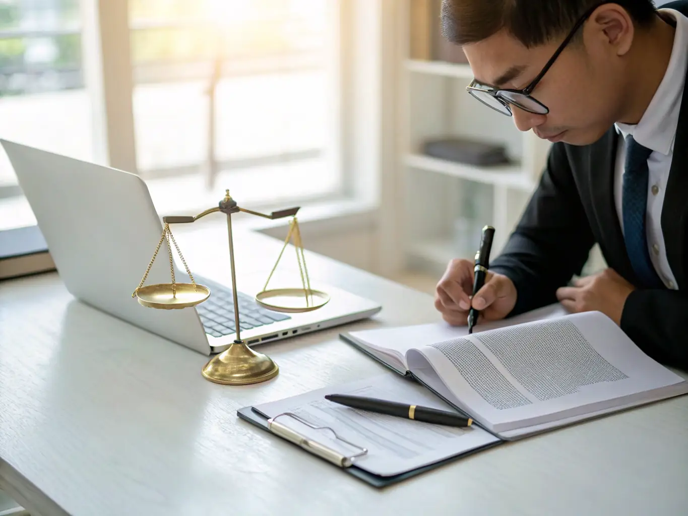 A lawyer is reviewing real estate contracts and legal documents in a modern office setting, emphasizing the importance of legal compliance in real estate transactions.