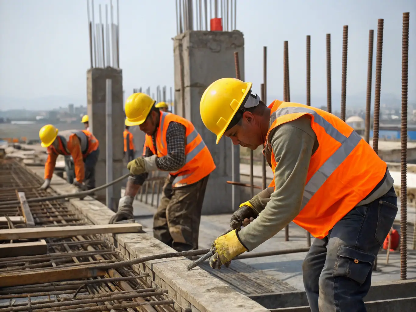 A construction site in New York City, with workers collaborating and a focus on safety and efficiency.