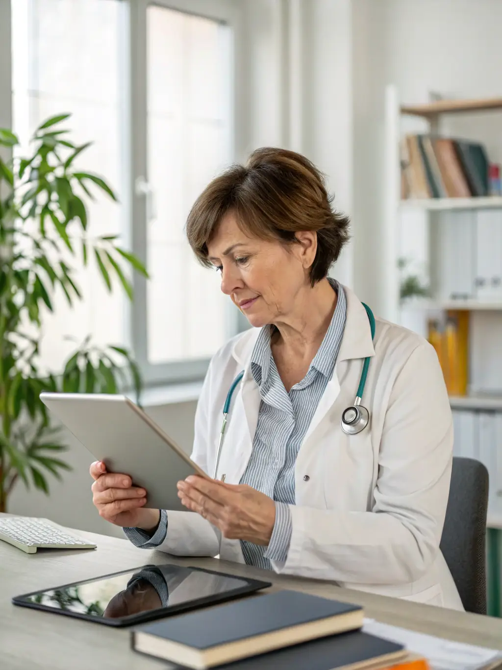 A physician in a white coat, analyzing investment charts on a tablet, representing informed financial decisions for medical professionals.