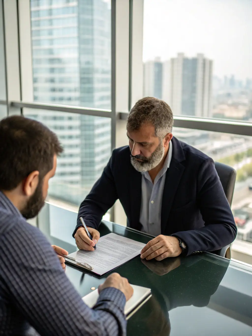 A discreet meeting between a real estate agent and a client in a high-end Manhattan setting, discussing the sale of a luxury property with utmost privacy.
