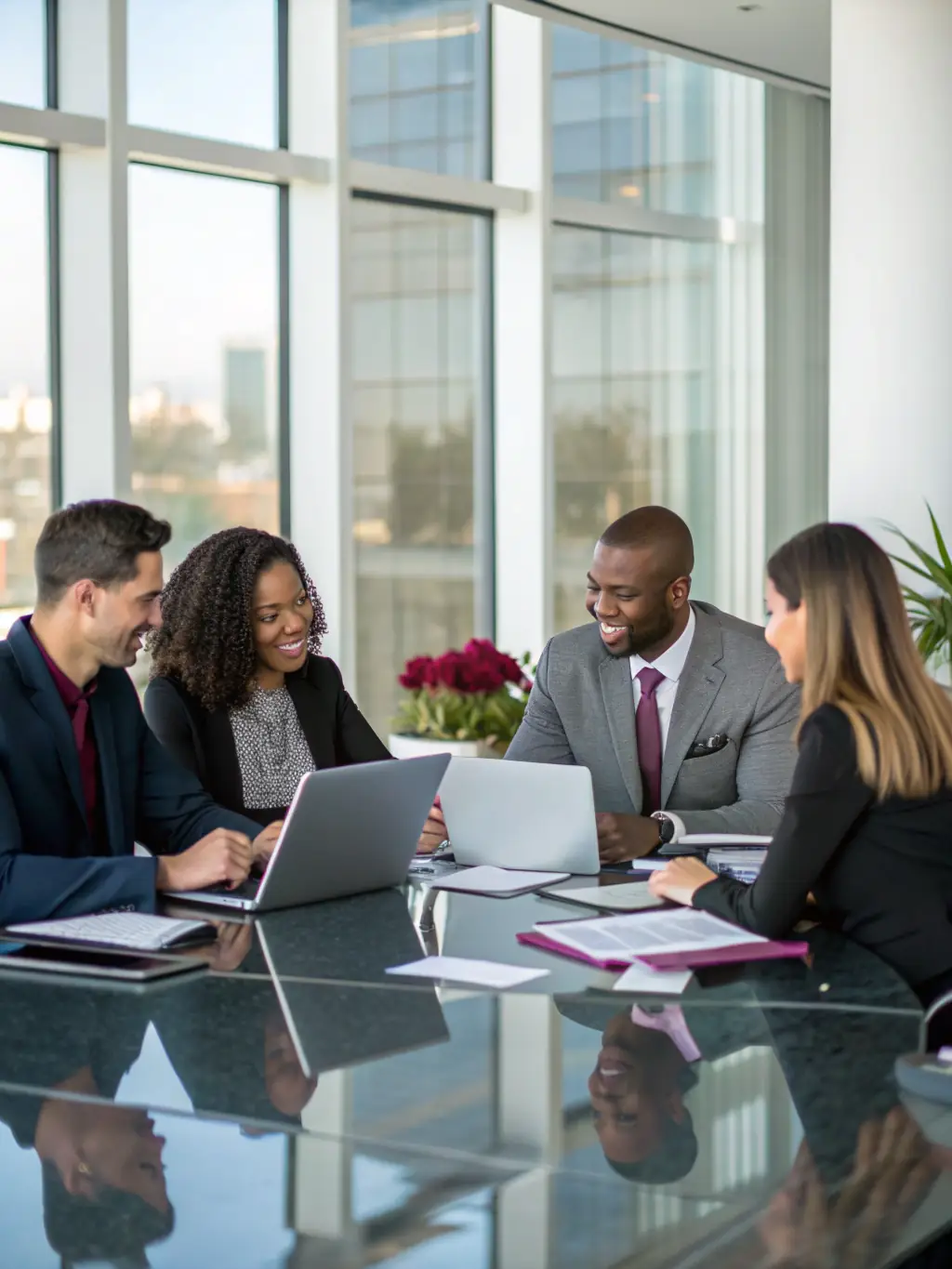 A group of diverse professionals seated around a conference table, engaged in a constructive discussion, with laptops and documents visible, symbolizing business and partnership mediation.