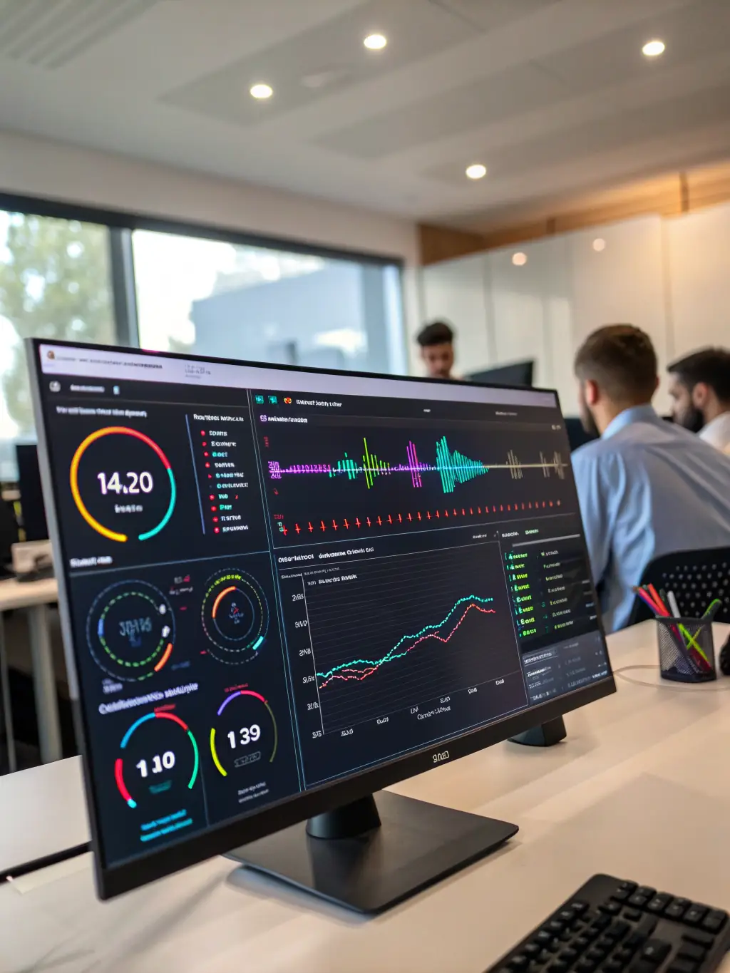 An image of a data analytics dashboard with charts and graphs, highlighting key performance indicators (KPIs) for a small business, demonstrating AI-driven insights.