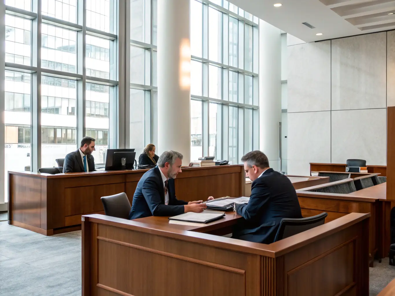 A modern, brightly lit law office with lawyers in suits meeting with clients, symbolizing ARH Global Advisors' expertise in serving the legal industry.
