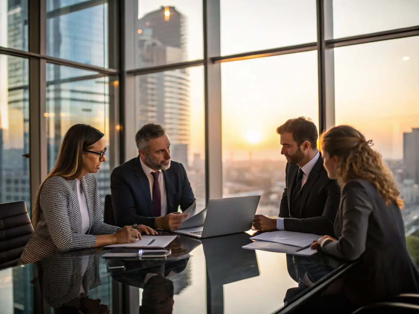 A sophisticated family office setting, with advisors discussing wealth management strategies and philanthropic planning.