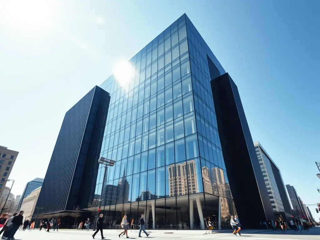 A photograph depicting a modern high-rise building in Manhattan, symbolizing New York real estate. The image should convey a sense of scale, sophistication, and the dynamic nature of the city's property market.