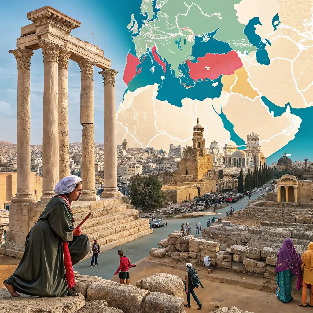 A panoramic view of a Middle Eastern city, showcasing modern infrastructure and traditional architecture.