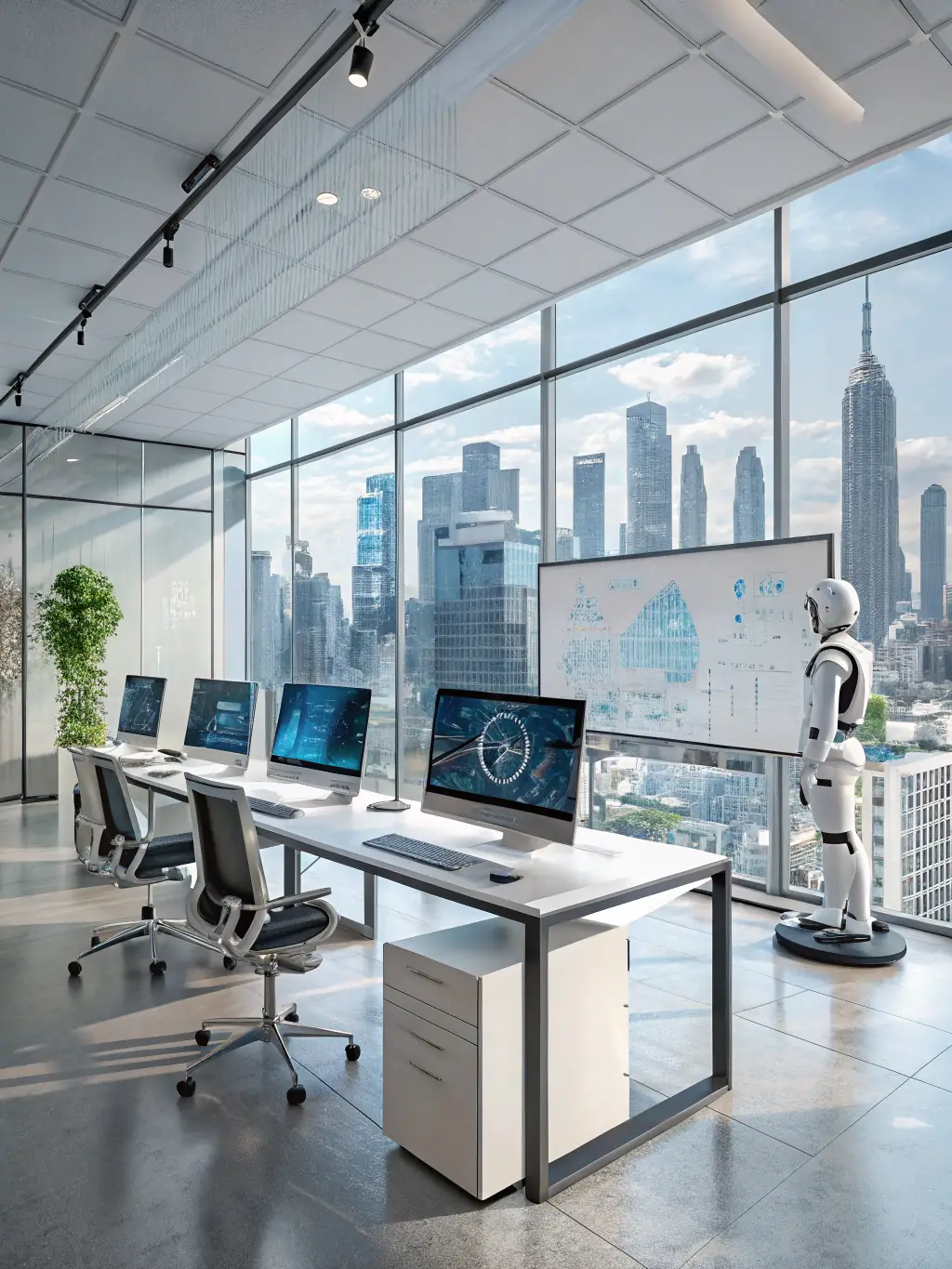 A modern office setting where AI-powered robots are assisting with administrative tasks, improving efficiency and reducing costs.