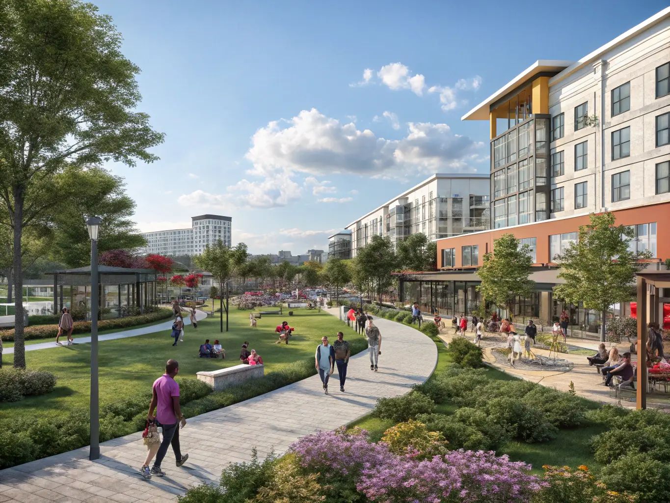 A modern architectural rendering of a mixed-use real estate development project, showcasing capital investment and strategic advisory.