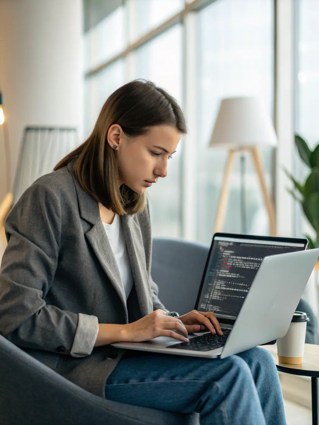 A lawyer using AI-powered software to analyze case data and predict outcomes, demonstrating the improved accuracy and insights gained through AI-driven analysis.