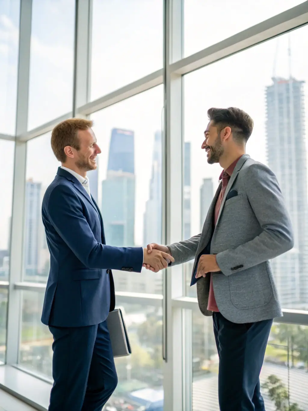 A professional advisor in a suit shaking hands with a client in a modern office setting, symbolizing the initial consultation and assessment phase of ARH Global Advisors' approach.