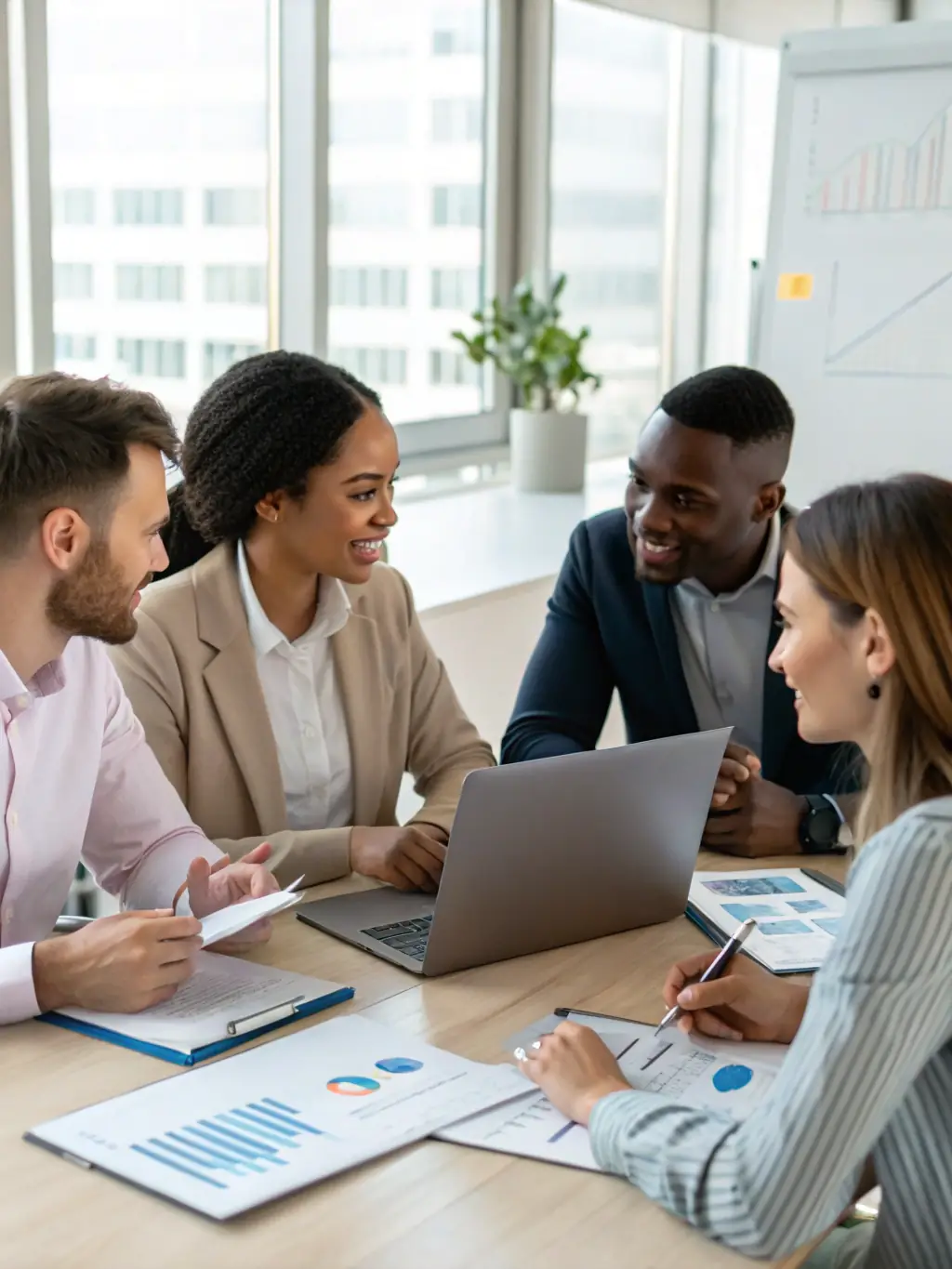 A diverse group of business professionals collaborating in a modern office, reviewing market analysis reports and discussing strategies for entering the New York City market, symbolizing the roadmap's facilitation of market entry.