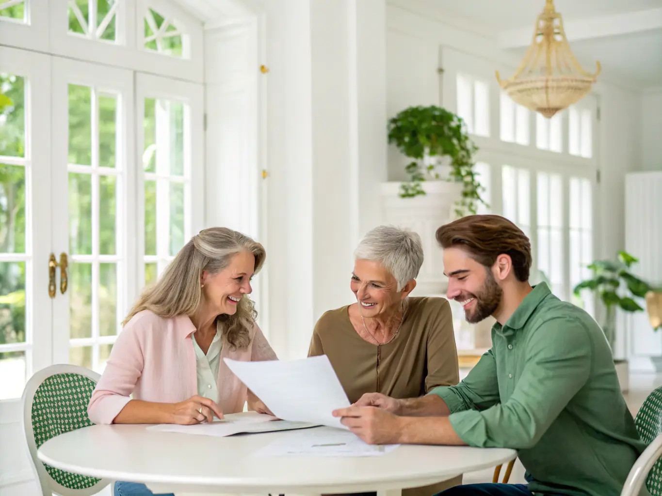 A photograph depicting a diverse group of family members gathered around a table, reviewing real estate documents with a trusted advisor in a well-lit, modern office setting, symbolizing collaboration and informed decision-making.