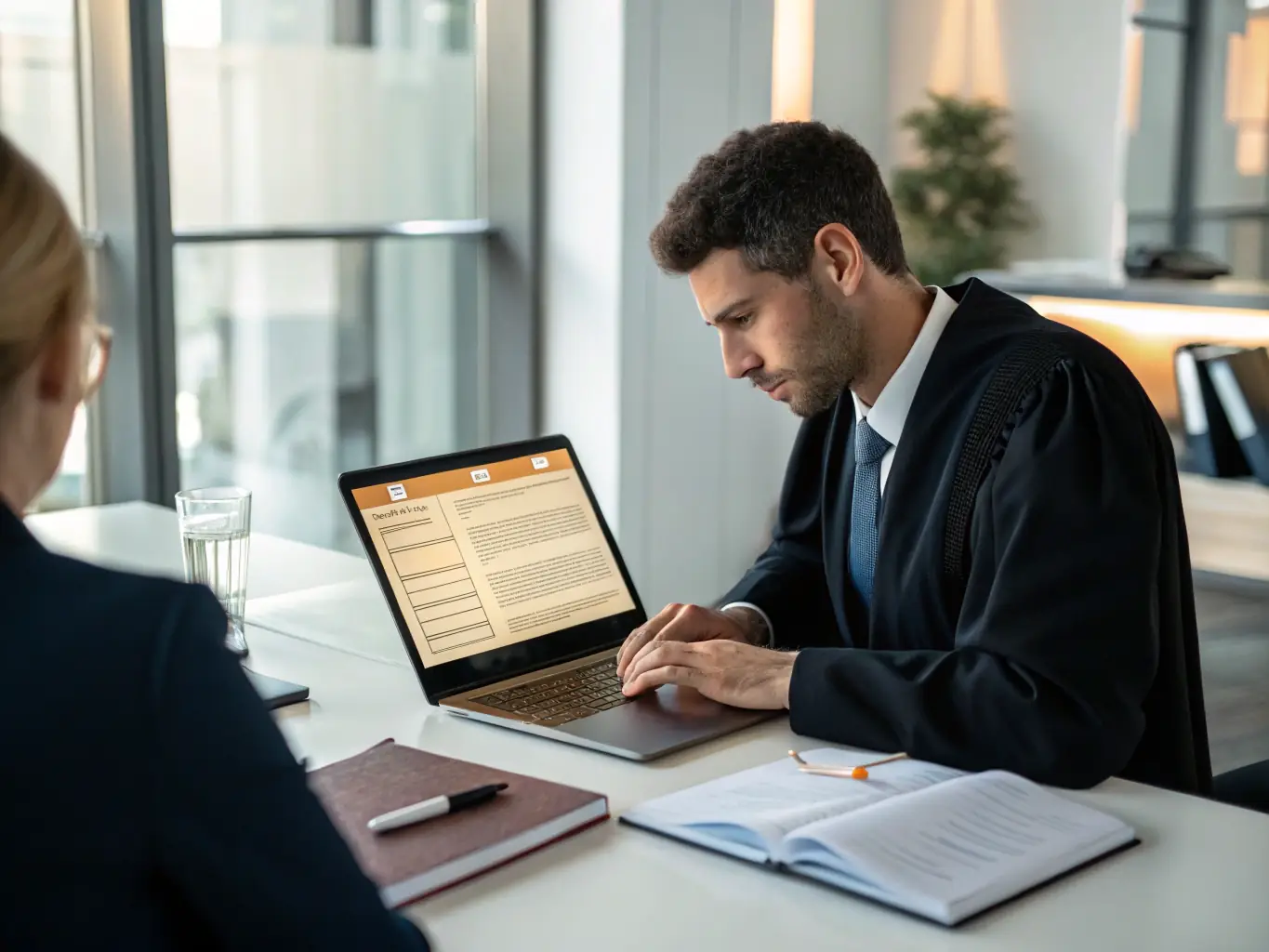 An attorney using AI tools on a computer in a modern office, illustrating the integration of technology for enhanced productivity and efficiency.