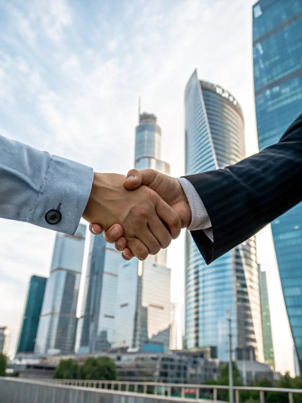 An image of a satisfied client shaking hands with a Manhattan Advisory consultant in front of a high-rise building, symbolizing trust, partnership, and successful outcomes.