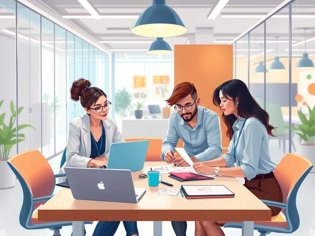 An image of a diverse group of professionals collaborating in a modern office space in Manhattan, symbolizing the cross-border and multicultural aspects of business in New York.