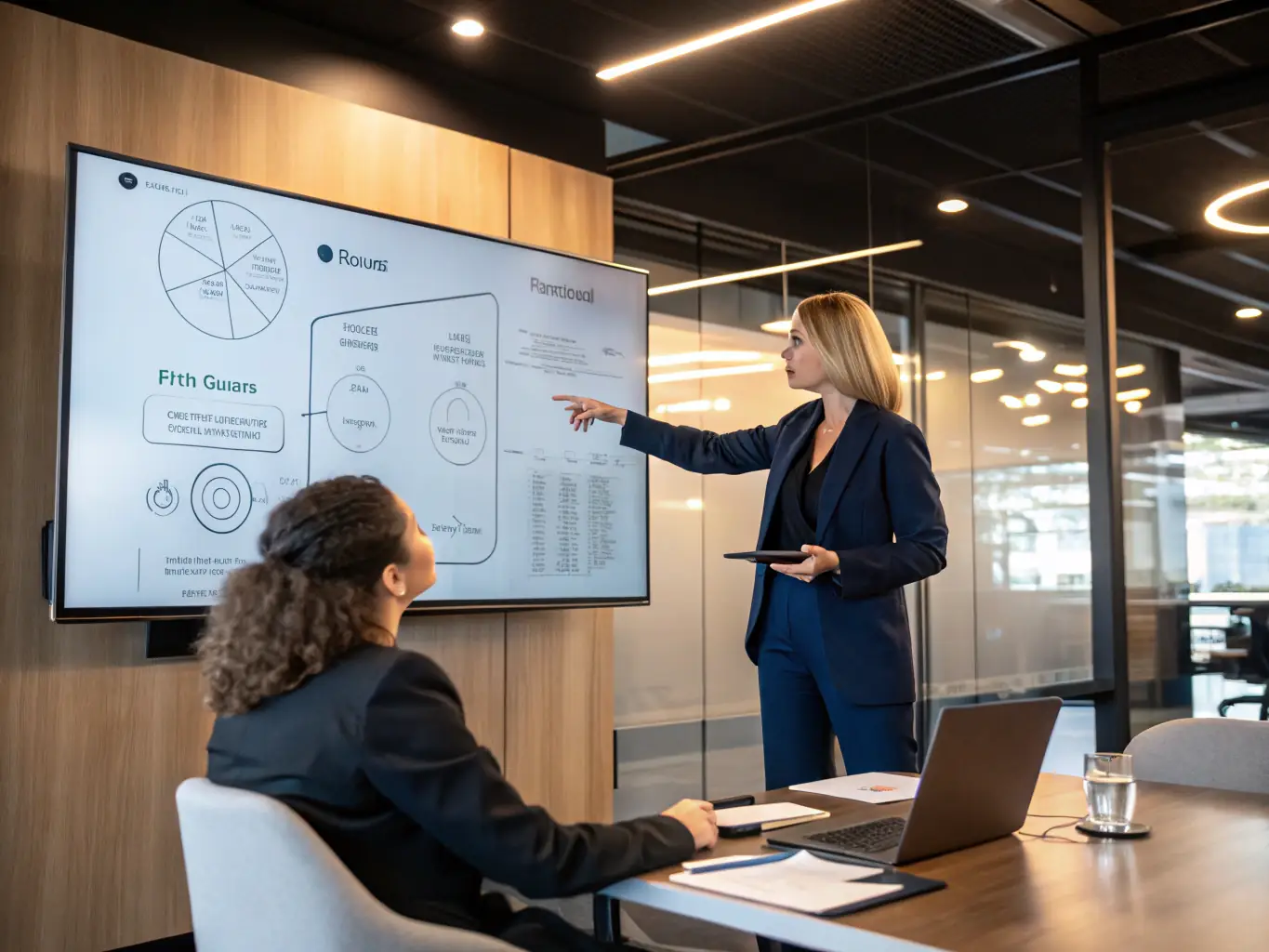 A professional business consultant in a modern office setting, advising a client on strategic growth opportunities, with charts and data visualizations in the background.