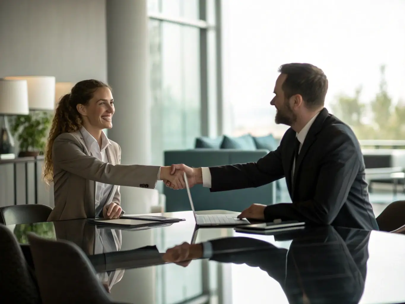 A close-up shot of a successful negotiation scene, with two professionals shaking hands after reaching an agreement, highlighting the enhanced negotiation skills offered by attorney-led consulting.