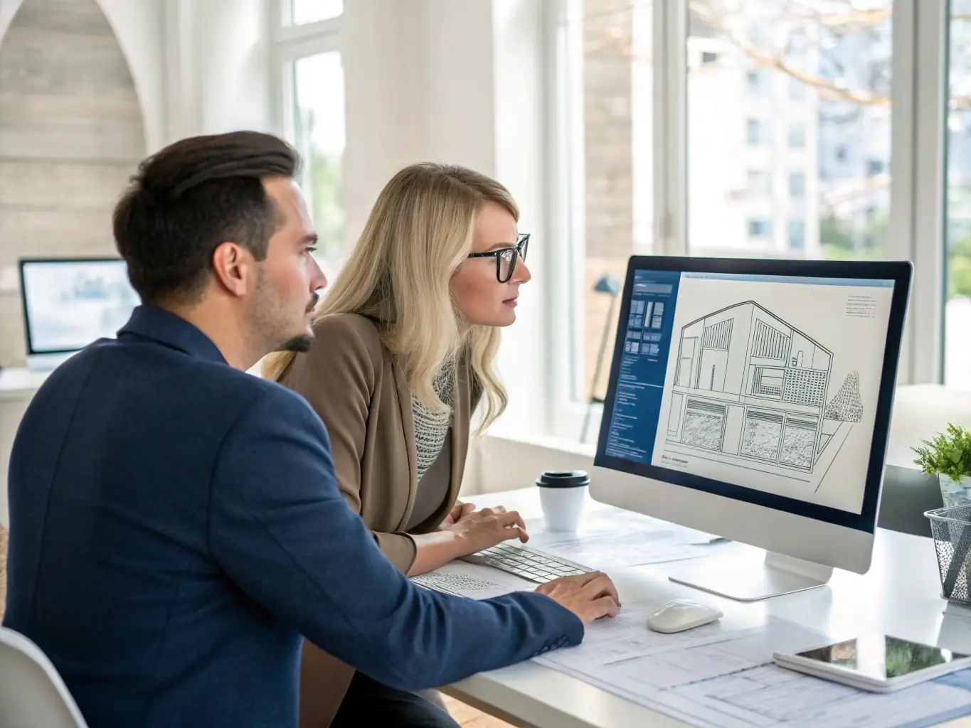 An architect reviewing blueprints with a financial advisor, discussing optimal transaction structures for a real estate project.