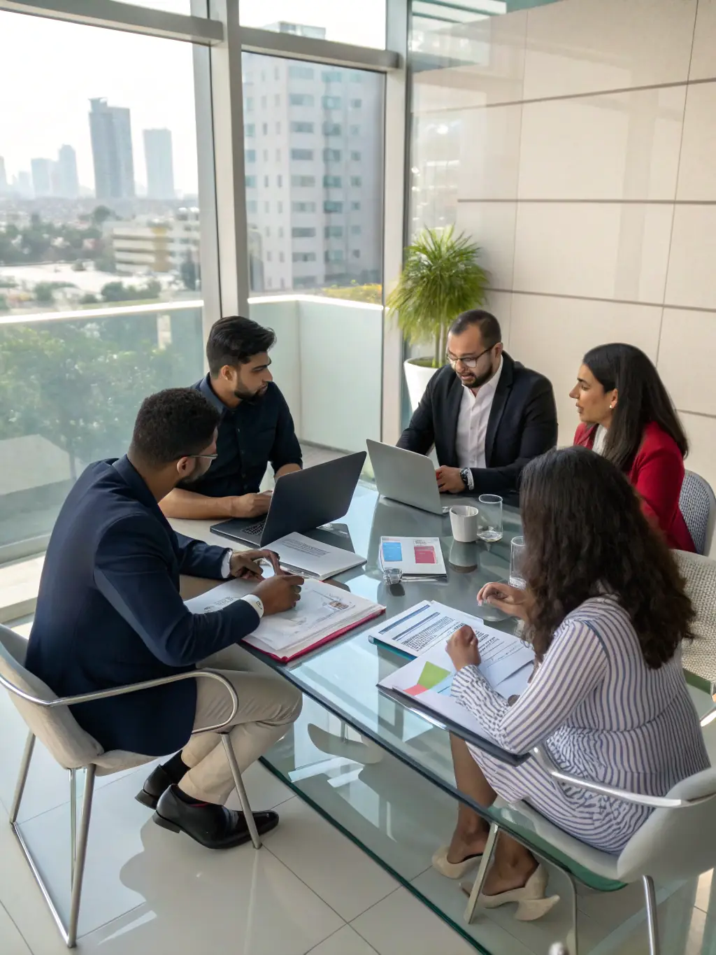 A diverse team of consultants working on laptops and discussing business strategies, emphasizing the expertise and collaborative approach of the consulting firm.