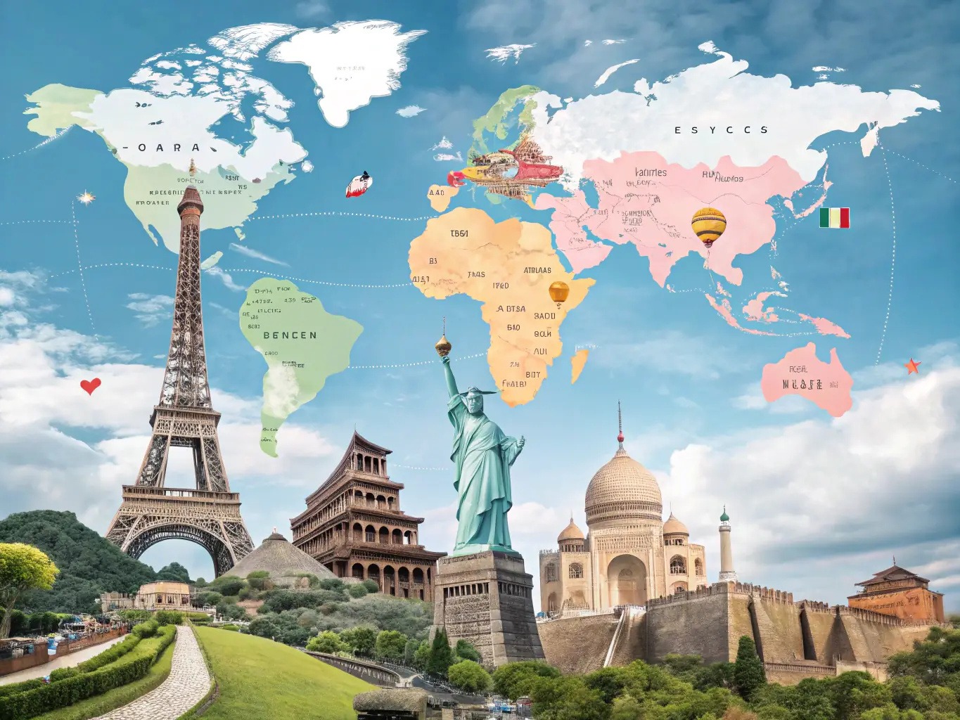 A global map with interconnected lines highlighting major financial hubs, overlaid with images of diverse cultural landmarks, representing cross-border investment strategies and global market opportunities.