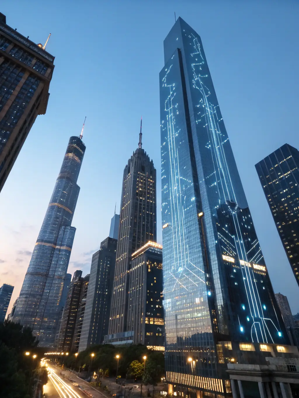 A futuristic cityscape with interconnected AI systems, representing the scalability and adaptability of legal-tech solutions.