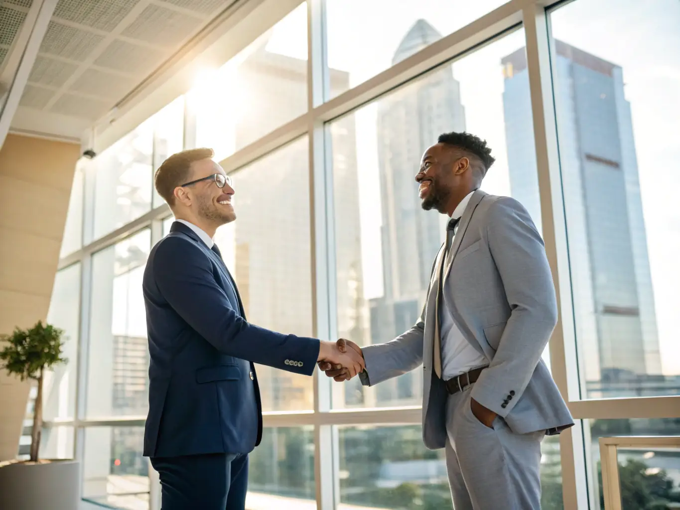 A professional businessman in a suit shaking hands with a businesswoman in a modern office setting, symbolizing a successful business deal and partnership, representing LLC formation services for foreign investors.