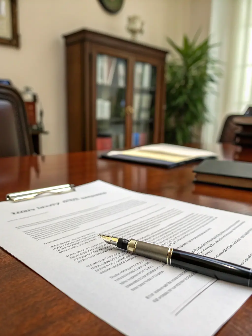 A close-up image of legal documents being reviewed under a sophisticated desk lamp, highlighting the meticulous legal understanding provided.