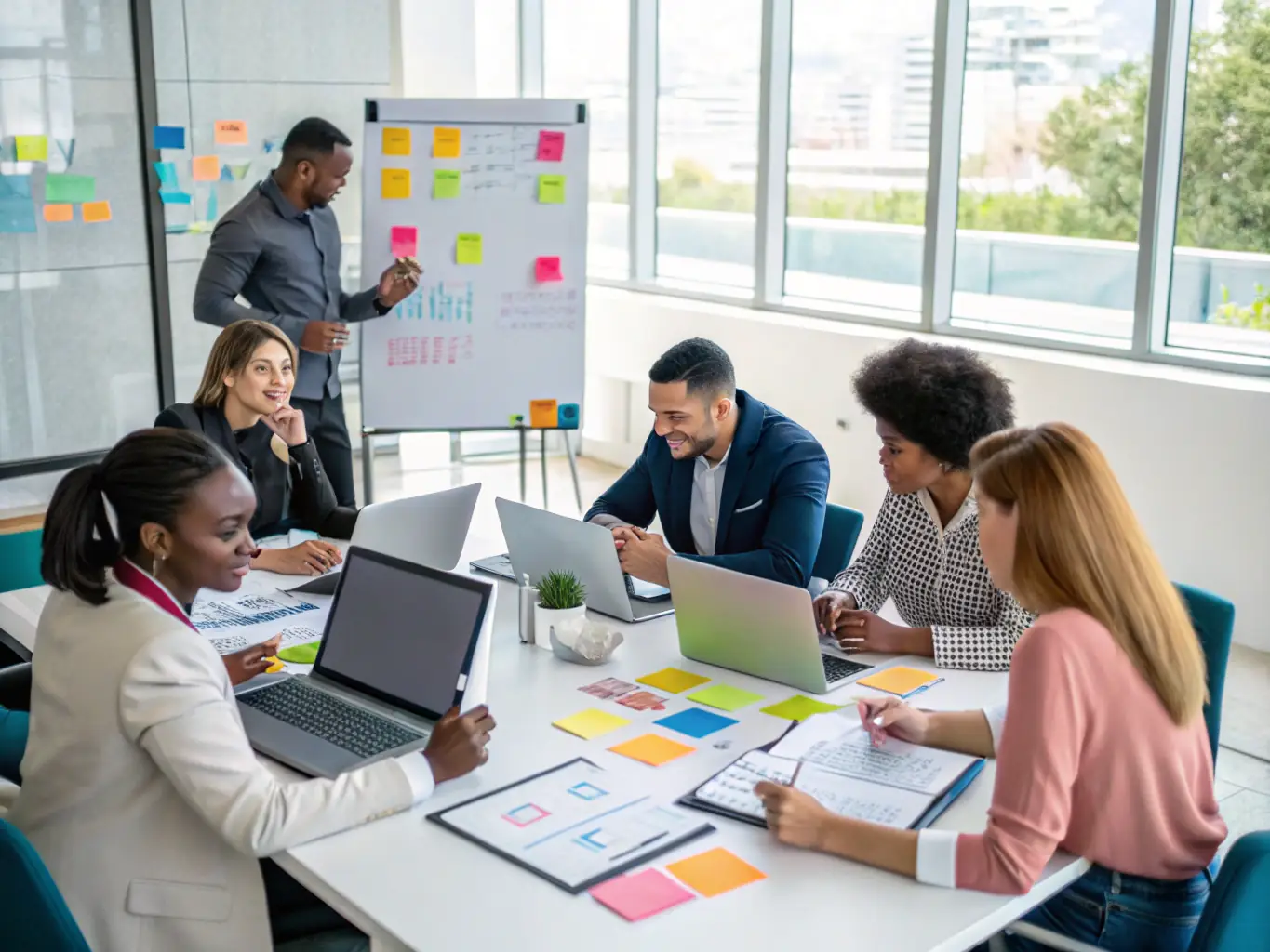 A diverse group of professionals collaborating in a modern office setting, showcasing ARH Global Advisors' support for professional services firms.