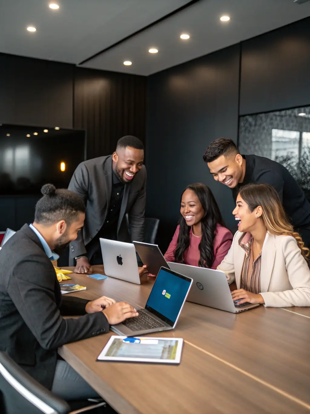 A diverse team of legal professionals and AI specialists collaborating in a modern office setting, analyzing data on large monitors, symbolizing the integration of legal expertise with advanced technology.