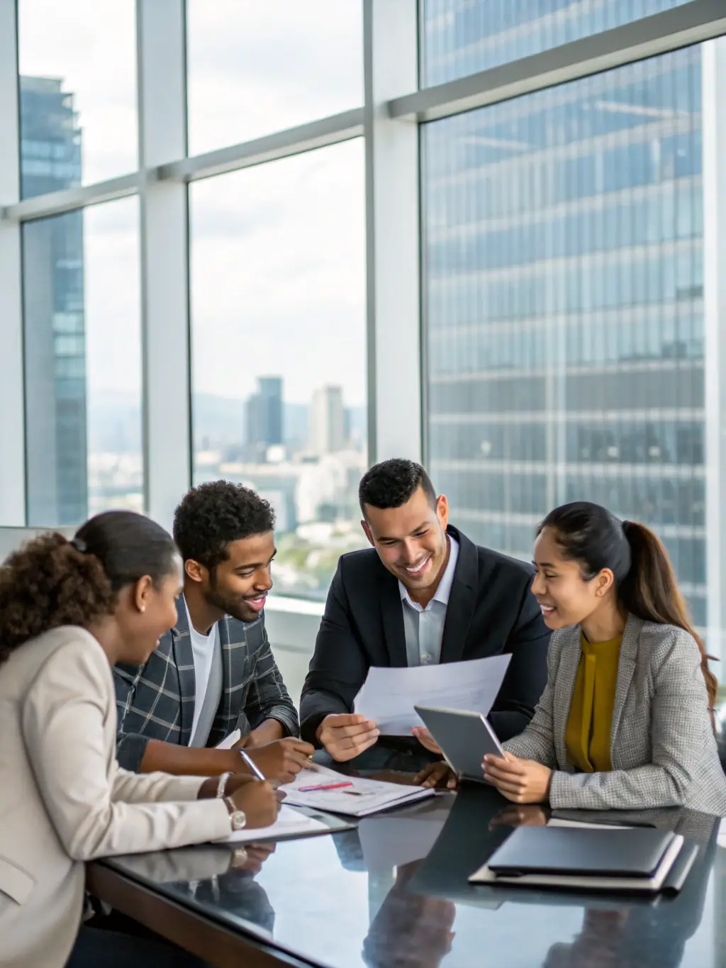A diverse team of professionals collaborating around a table, representing the independent analysis offered by ARH Global Advisors.