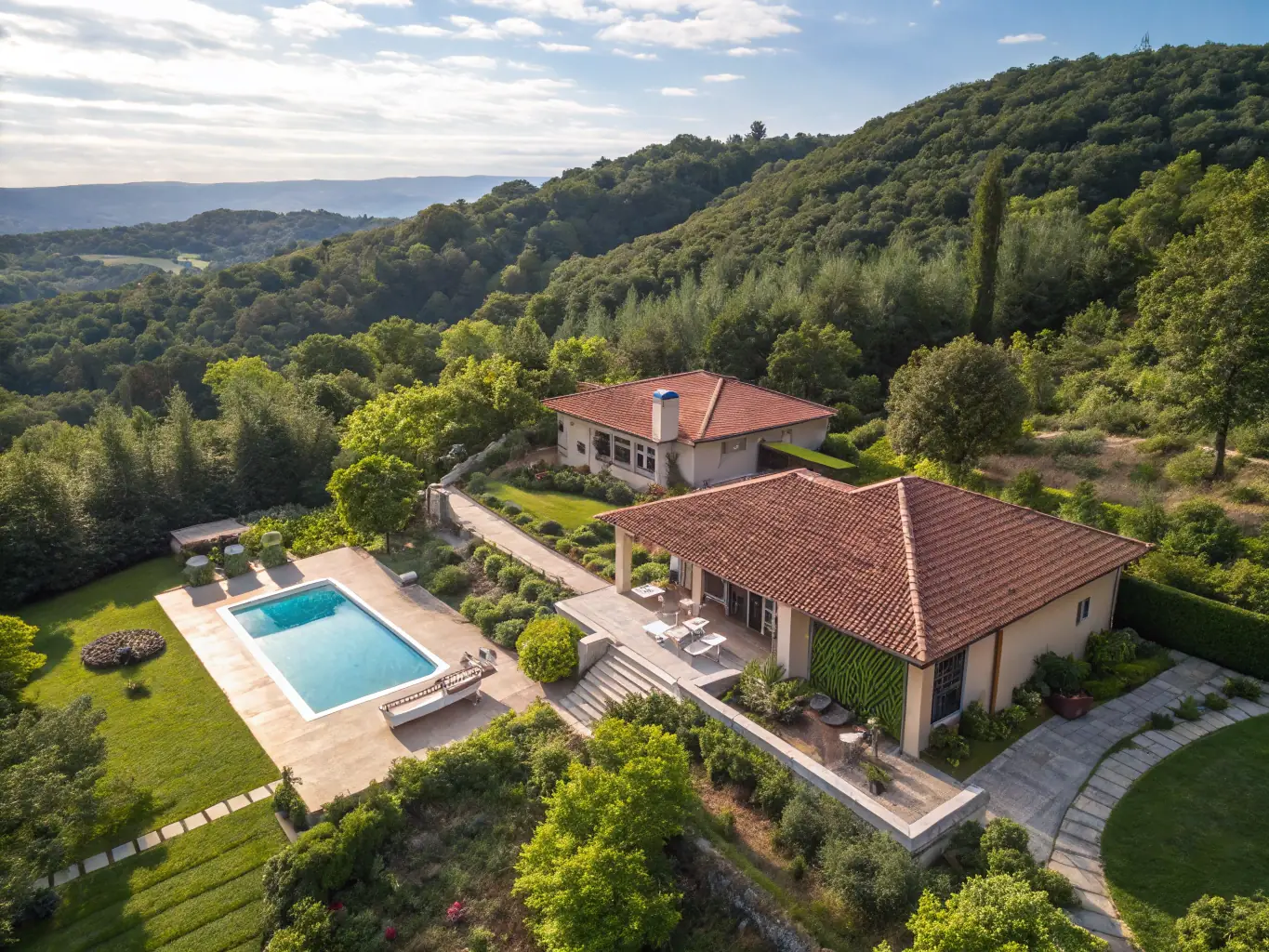 A luxurious residential property with manicured lawns and a swimming pool, representing real estate capital asset advisory. The image should evoke exclusivity, high value, and strategic investment.