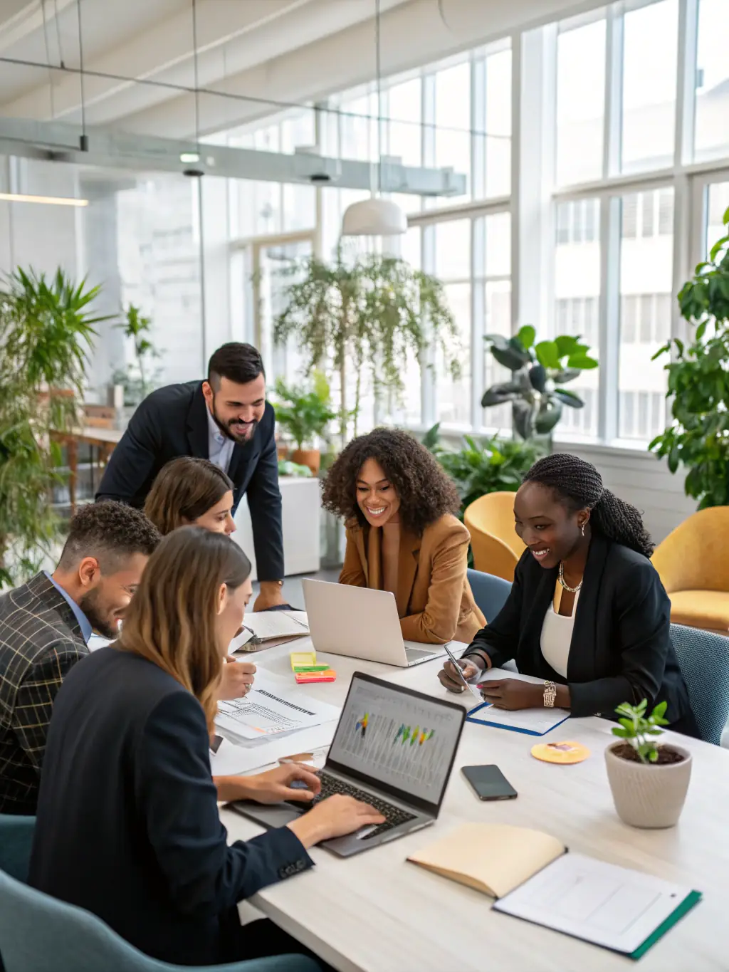 A photograph of a diverse group of people from different cultural backgrounds meeting in a modern office setting in New York City. The image should convey the global nature of business in New York.