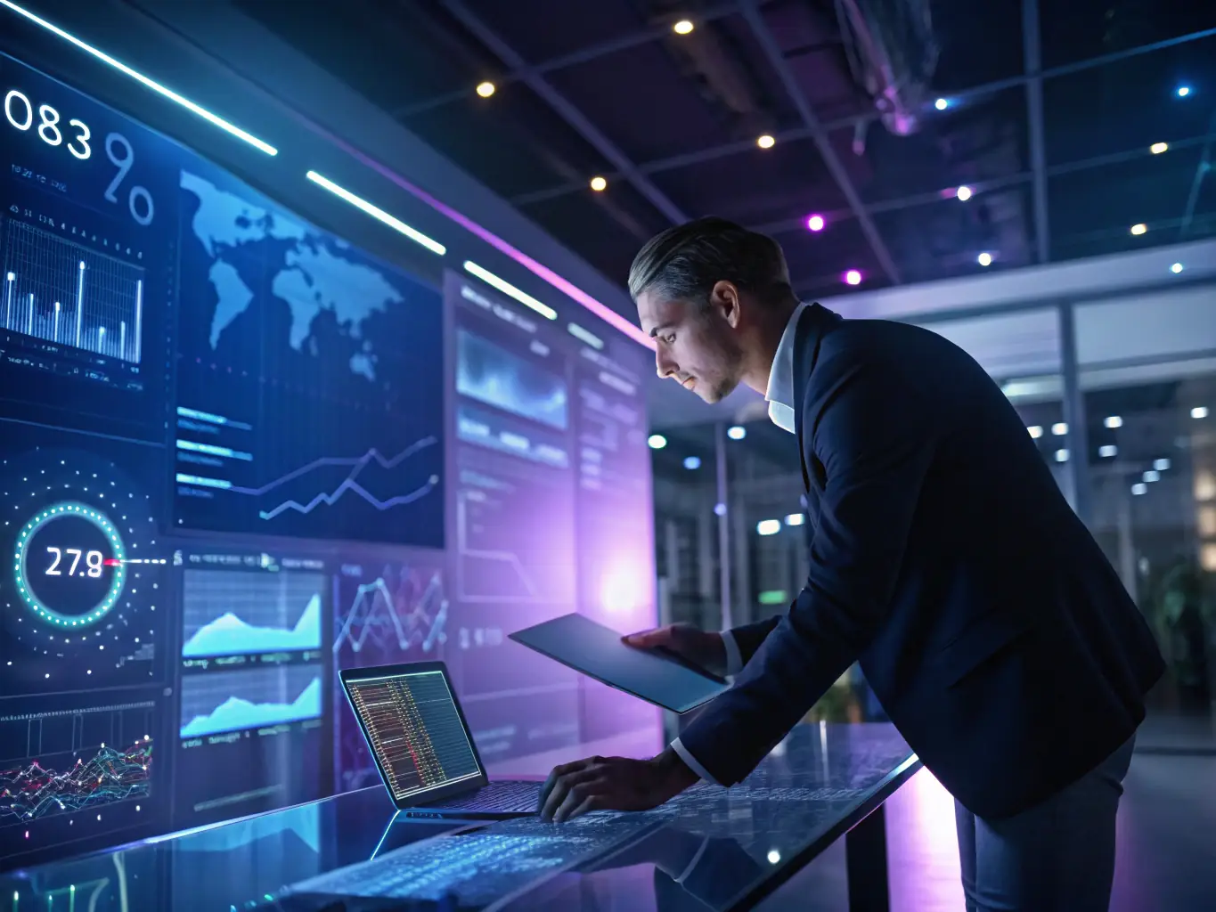 A consultant working with a client on AI and automation planning, using data analytics to identify opportunities for increased productivity.