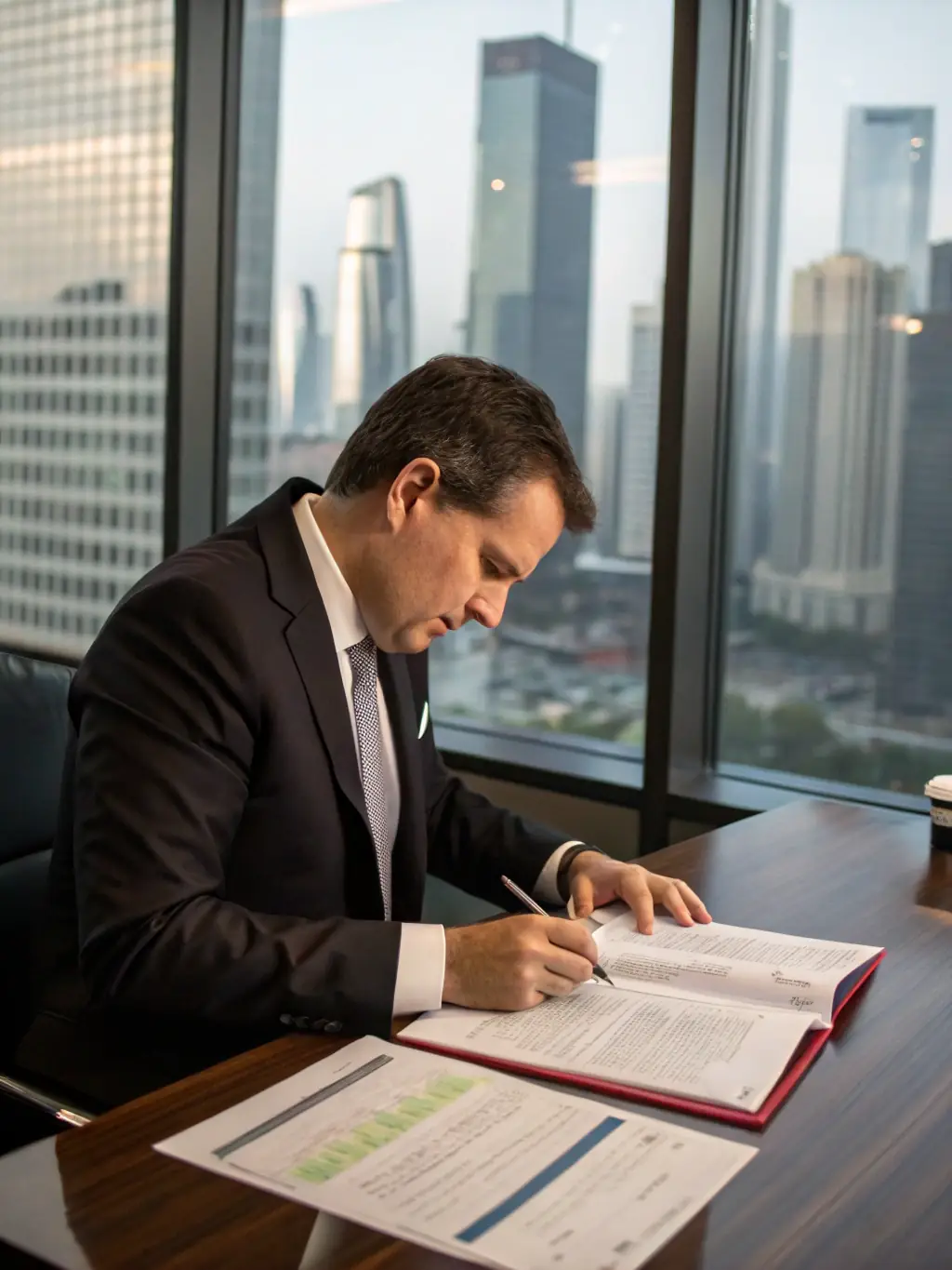 A professional attorney in a sharp suit reviewing financial documents with a focused expression, highlighting the importance of meticulous financial planning.