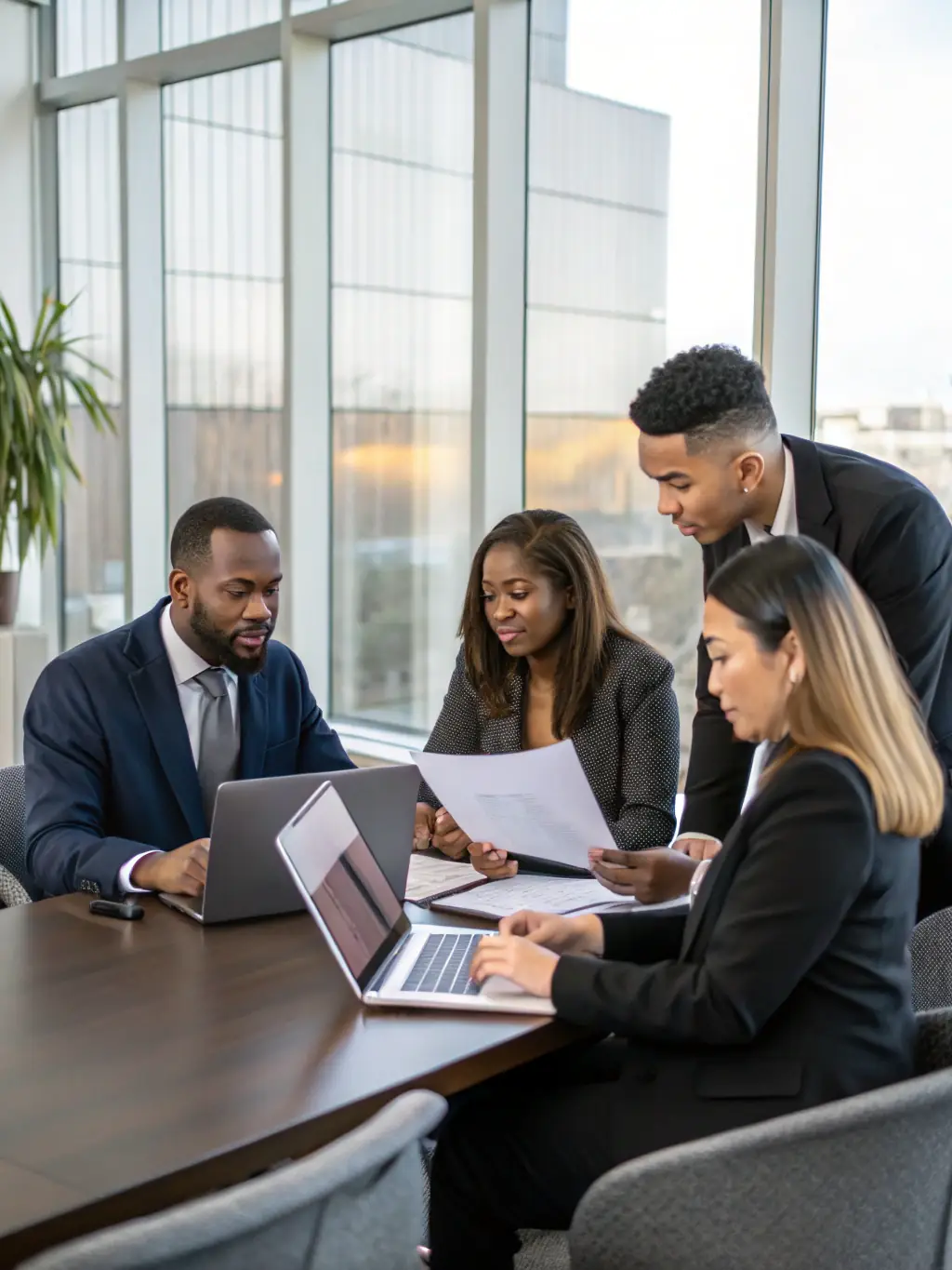 An image of a diverse group of lawyers collaborating around a table, discussing ethical considerations related to AI implementation.