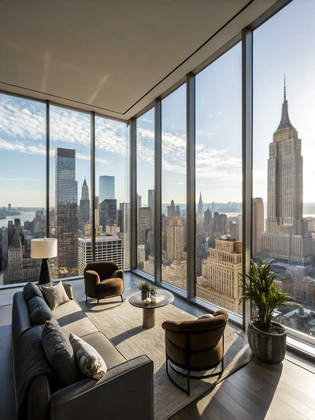 A modern, high-rise apartment building in Manhattan, showcasing luxury condos with floor-to-ceiling windows overlooking Central Park, emphasizing the high-end investment opportunities.