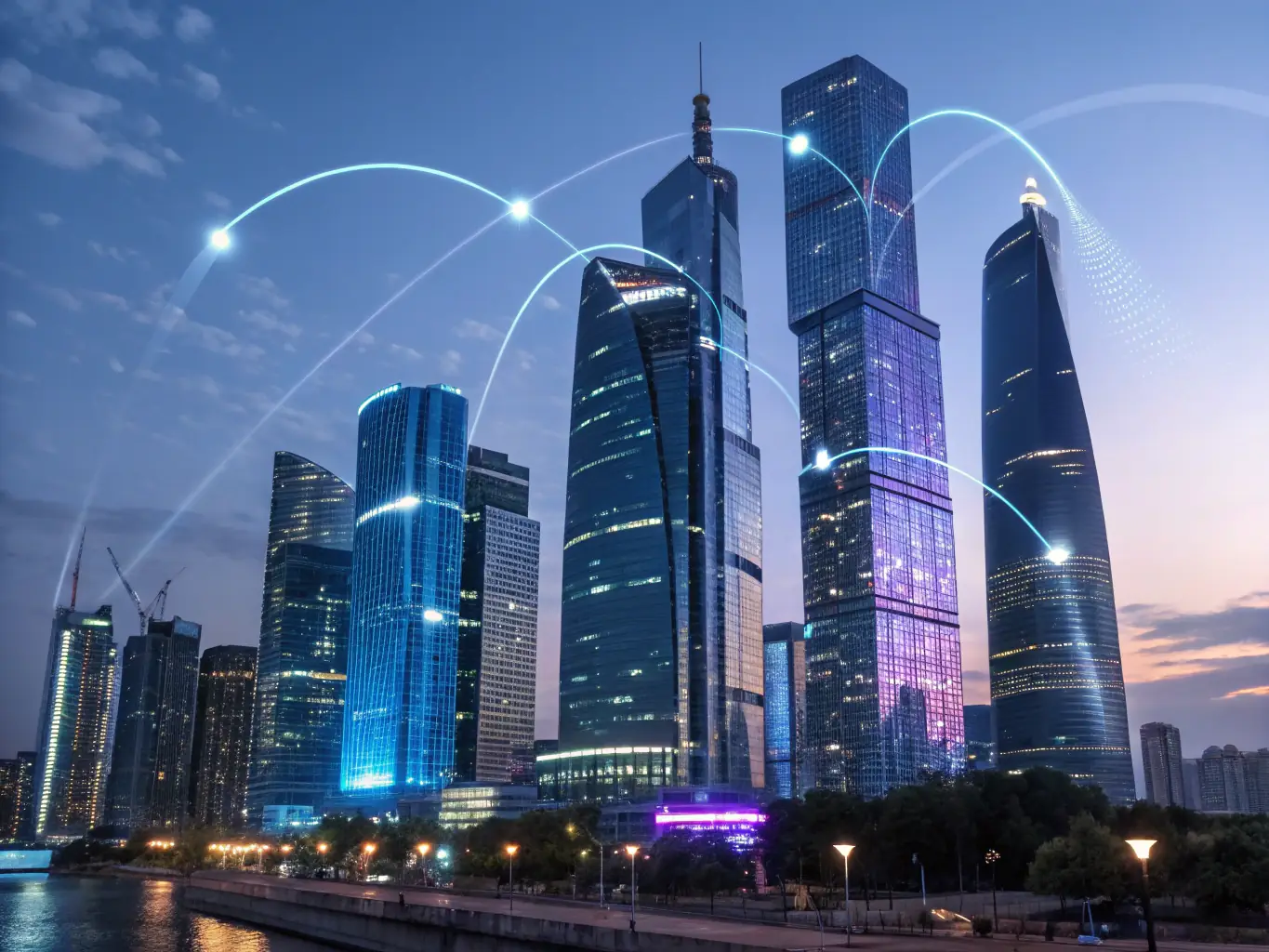 A futuristic cityscape with binary code overlay, symbolizing AI strategy and corporate transformation, with a focus on innovation and technological advancement.