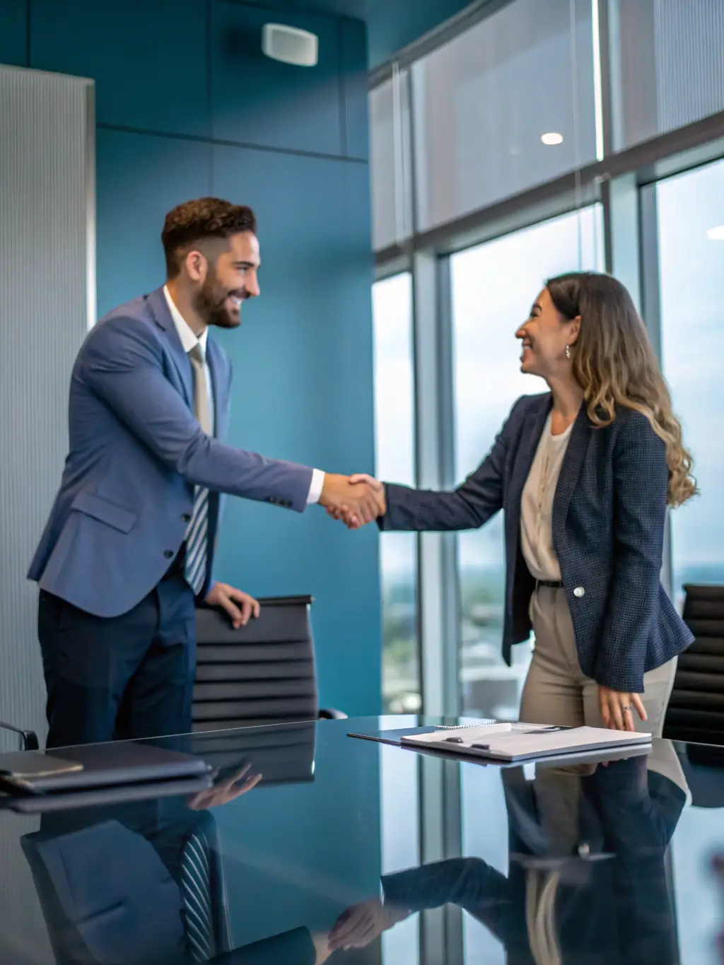 A confident attorney shaking hands with a financial advisor in a modern office, symbolizing a strong partnership and trust.