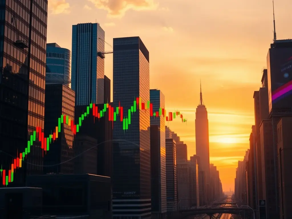 A modern office building in Manhattan, showcasing real estate capital advisory services with financial charts overlaid, symbolizing investment and growth.