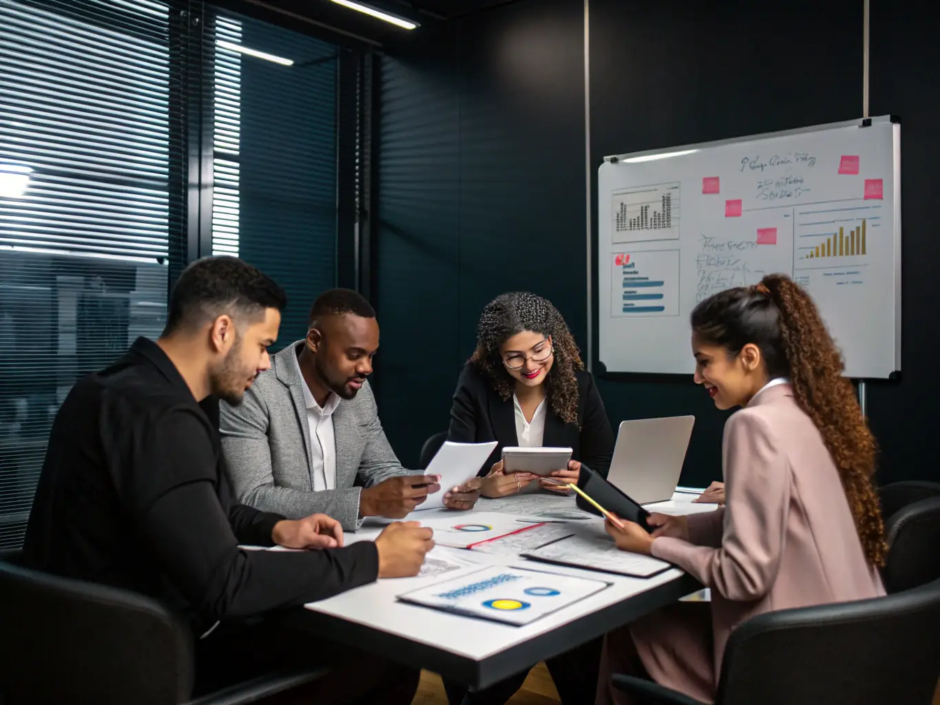 A diverse team of consultants brainstorming in a modern office, representing business consulting services with a focus on strategy and innovation.