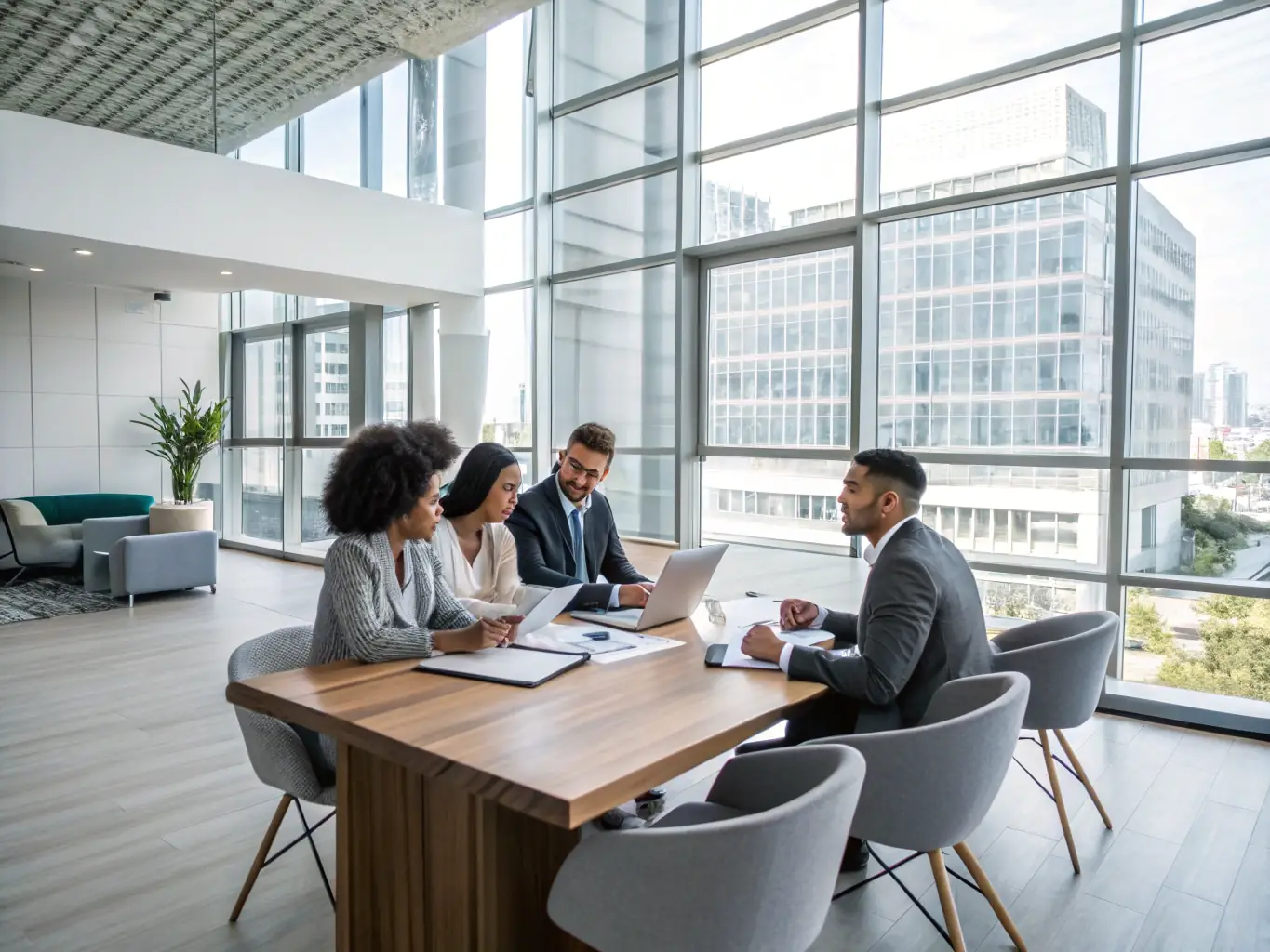 A brightly lit, modern office interior with a conference table where a small group of professionals are reviewing real estate documents, symbolizing trust advisory services.
